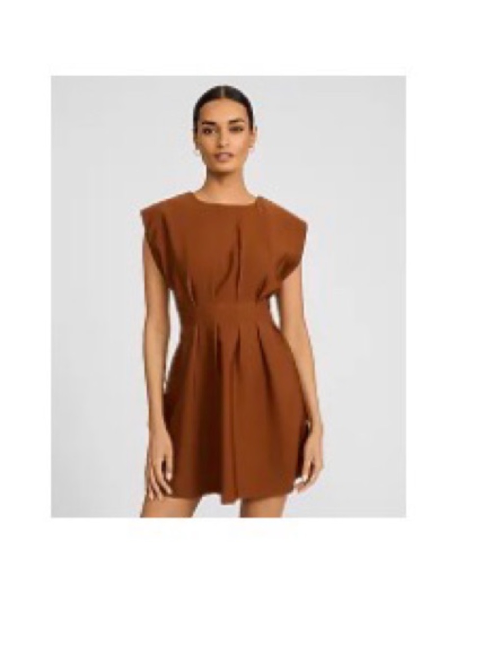 Crew Neck Cap Sleeve Pleated Cinched Waist Mini Dress - Espresso Brown